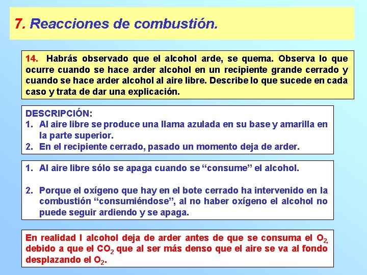 7. Reacciones de combustión. 14. Habrás observado que el alcohol arde, se quema. Observa