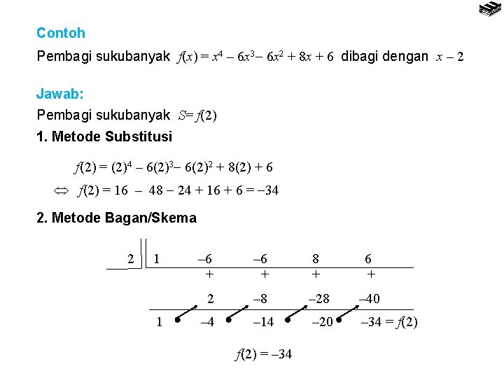 Contoh Pembagi sukubanyak f(x) = x 4 – 6 x 3 6 x 2