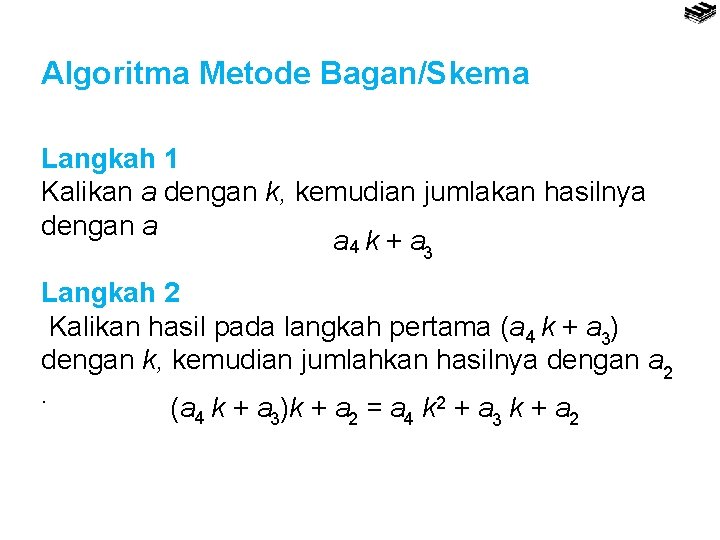 Algoritma Metode Bagan/Skema Langkah 1 Kalikan a dengan k, kemudian jumlakan hasilnya dengan a