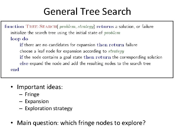 General Tree Search • Important ideas: – Fringe – Expansion – Exploration strategy •