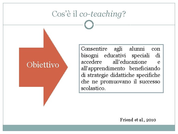 Cos’è il co-teaching? Obiettivo Consentire agli alunni con bisogni educativi speciali di accedere all’educazione