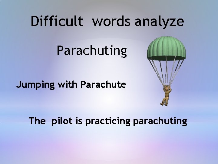 Difficult words analyze Parachuting Jumping with Parachute The pilot is practicing parachuting 