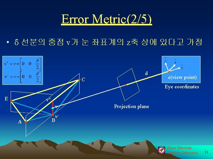 Error Metric(2/5) • δ 선분의 중점 v가 눈 좌표계의 z축 상에 있다고 가정 d