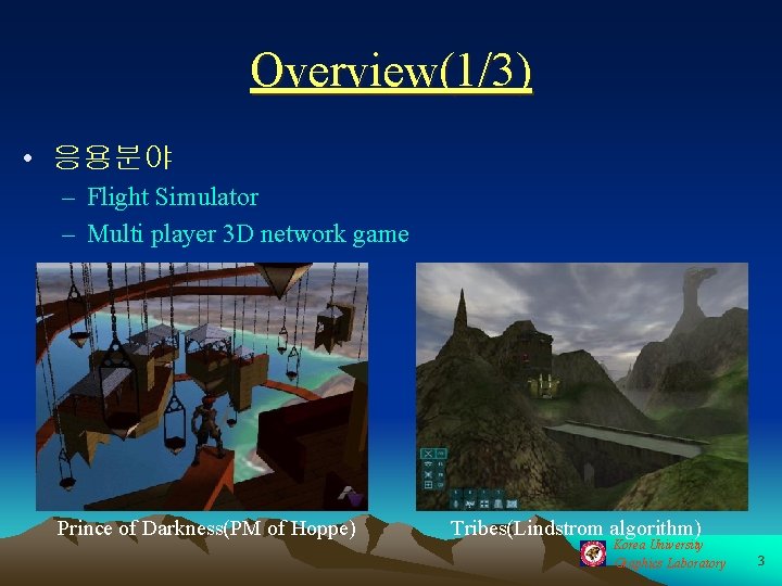 Overview(1/3) • 응용분야 – Flight Simulator – Multi player 3 D network game Prince