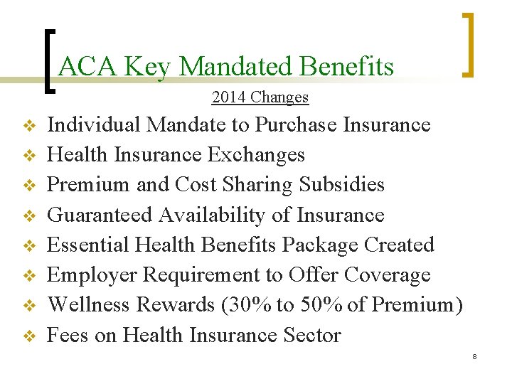 ACA Key Mandated Benefits 2014 Changes v v v v Individual Mandate to Purchase