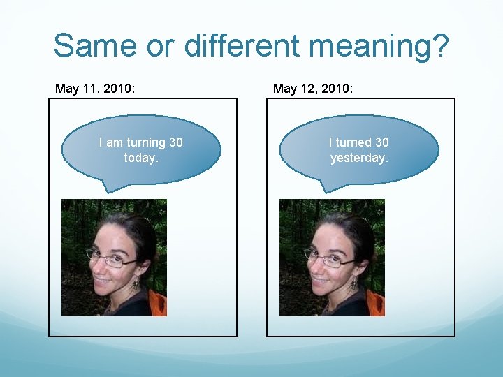 Same or different meaning? May 11, 2010: I am turning 30 today. May 12,