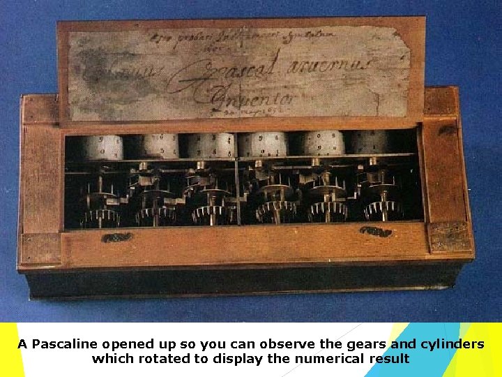 A Pascaline opened up so you can observe the gears and cylinders which rotated