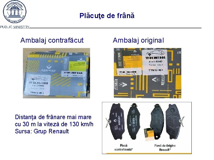 Plăcuţe de frână Ambalaj contrafăcut Distanţa de frânare mai mare cu 30 m la