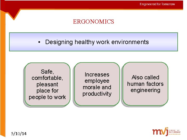 ERGONOMICS • Designing healthy work environments Safe, comfortable, pleasant place for people to work