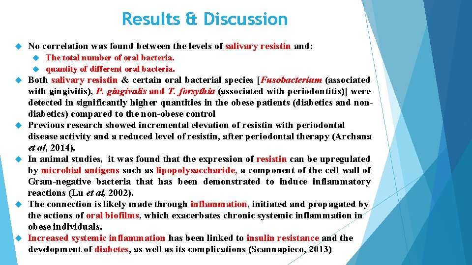 Results & Discussion No correlation was found between the levels of salivary resistin and: