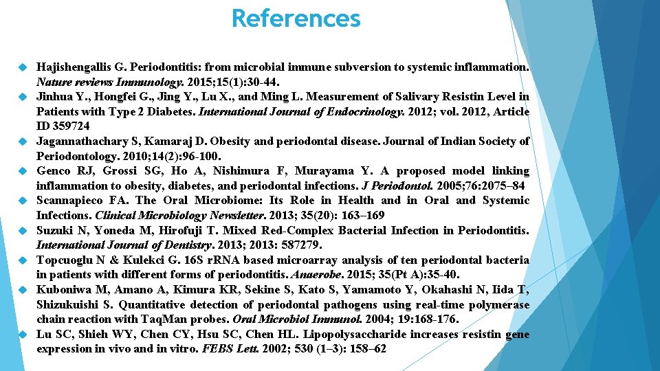 References Hajishengallis G. Periodontitis: from microbial immune subversion to systemic inflammation. Nature reviews Immunology.