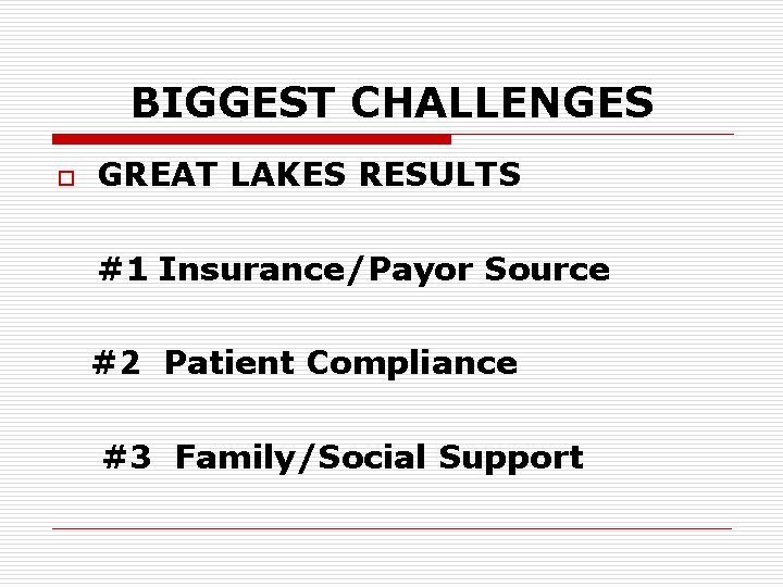 BIGGEST CHALLENGES o GREAT LAKES RESULTS #1 Insurance/Payor Source #2 Patient Compliance #3 Family/Social