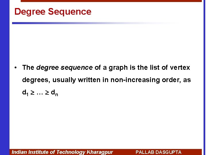 Degree Sequence • The degree sequence of a graph is the list of vertex Degree Sequence • The degree sequence of a graph is the list of vertex