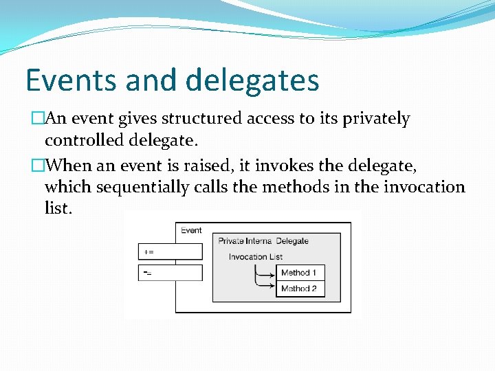Events and delegates �An event gives structured access to its privately controlled delegate. �When