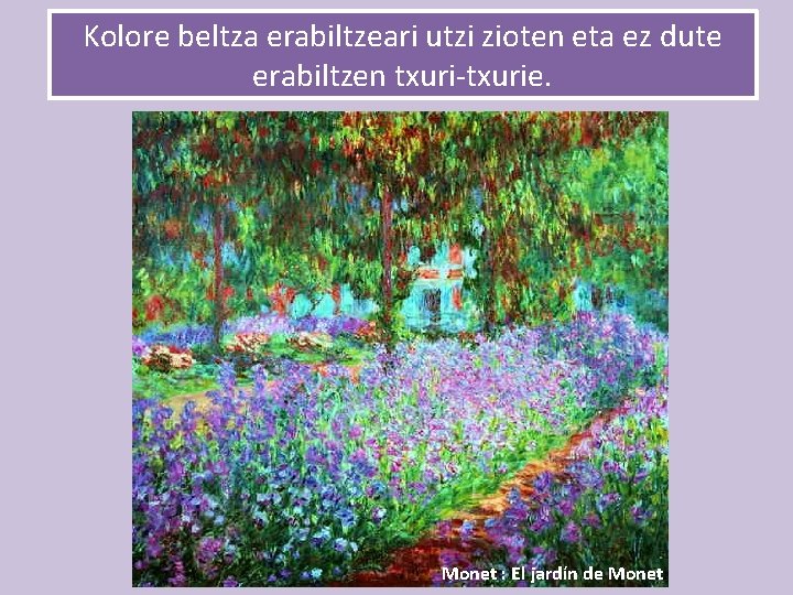 Kolore beltza erabiltzeari utzi zioten eta ez dute erabiltzen txuri-txurie. Monet : El jardín