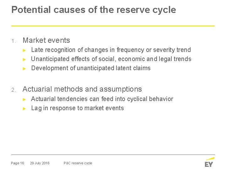 Potential causes of the reserve cycle 1. Market events ► ► ► 2. Late