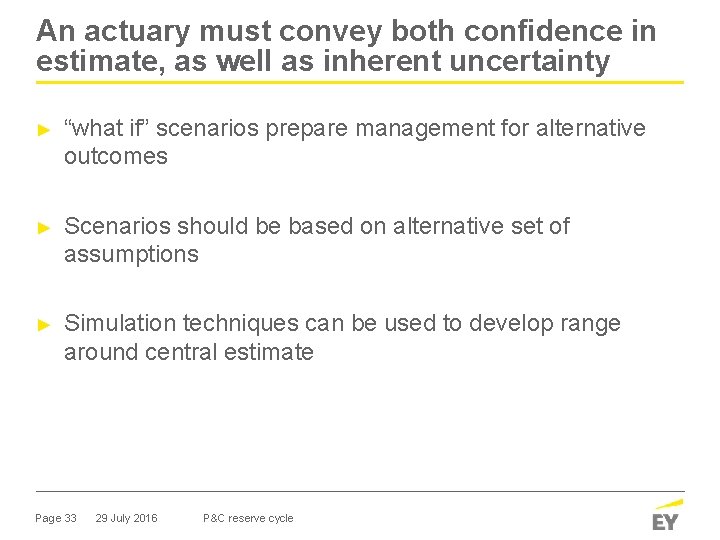 An actuary must convey both confidence in estimate, as well as inherent uncertainty ►