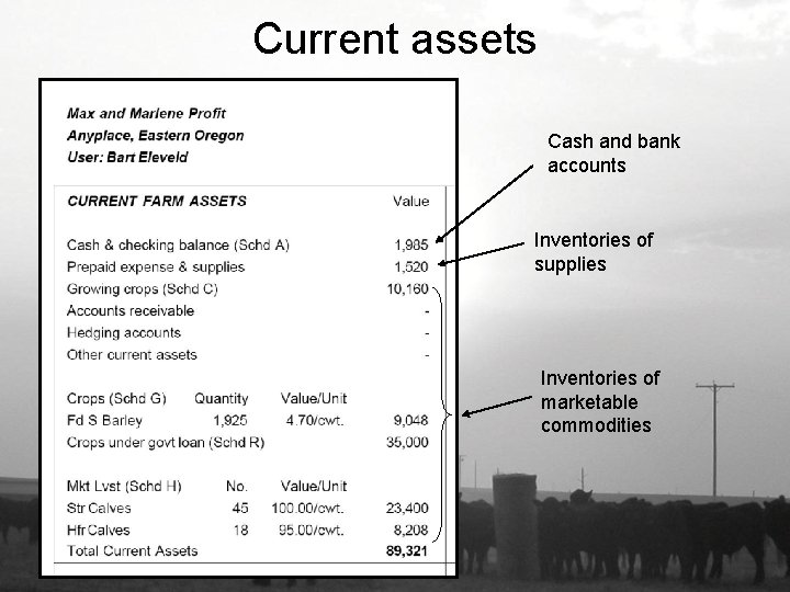 Current assets Cash and bank accounts Inventories of supplies Inventories of marketable commodities 