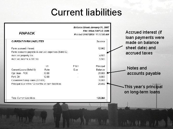 Current liabilities Accrued interest (if loan payments were made on balance sheet date) and