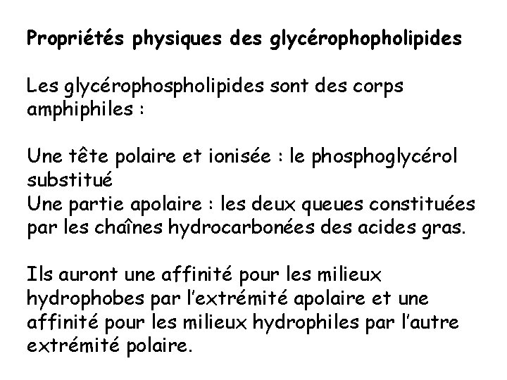 Propriétés physiques des glycérophopholipides Les glycérophospholipides sont des corps amphiphiles : Une tête polaire