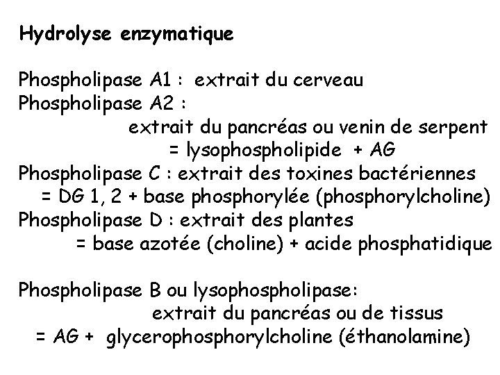 Hydrolyse enzymatique Phospholipase A 1 : extrait du cerveau Phospholipase A 2 : extrait