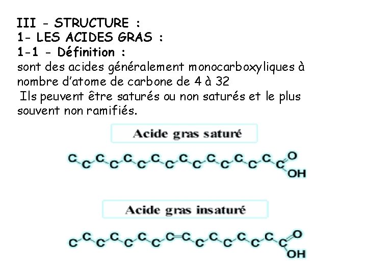 III - STRUCTURE : 1 - LES ACIDES GRAS : 1 -1 - Définition