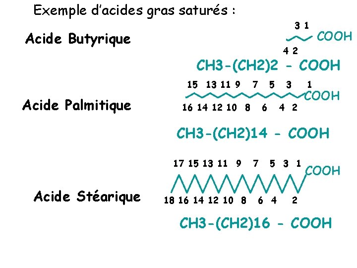 Exemple d’acides gras saturés : 3 1 Acide Butyrique COOH 4 2 CH 3