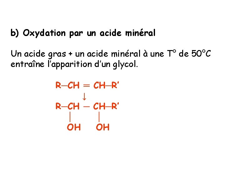 b) Oxydation par un acide minéral Un acide gras + un acide minéral à