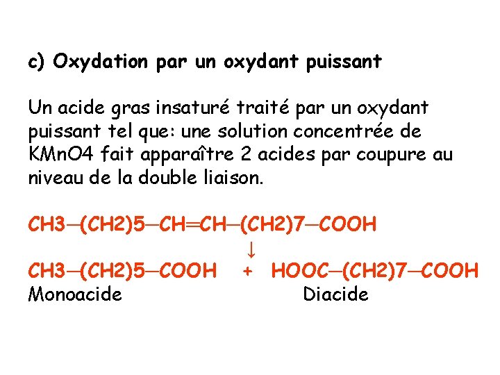 c) Oxydation par un oxydant puissant Un acide gras insaturé traité par un oxydant