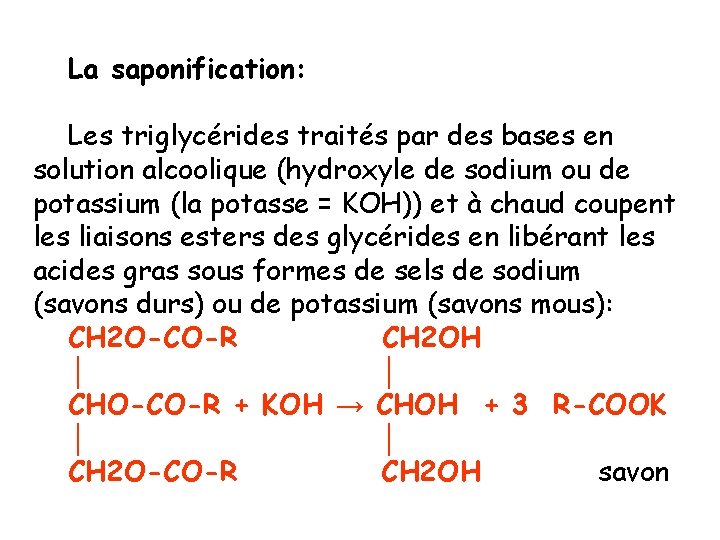 La saponification: Les triglycérides traités par des bases en solution alcoolique (hydroxyle de sodium