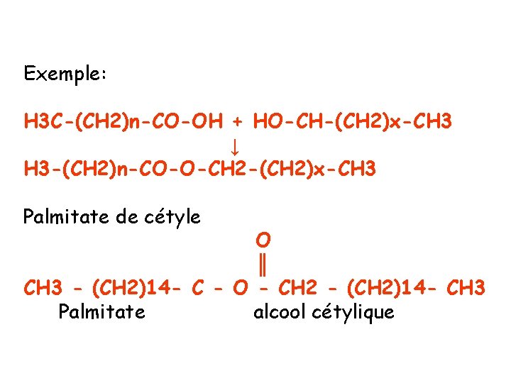 Exemple: H 3 C-(CH 2)n-CO-OH + HO-CH-(CH 2)x-CH 3 ↓ H 3 -(CH 2)n-CO-O-CH