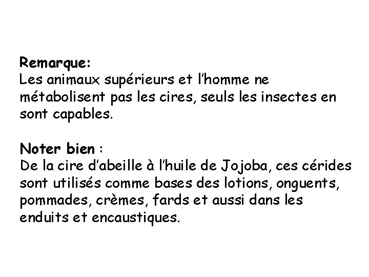 Remarque: Les animaux supérieurs et l’homme ne métabolisent pas les cires, seuls les insectes