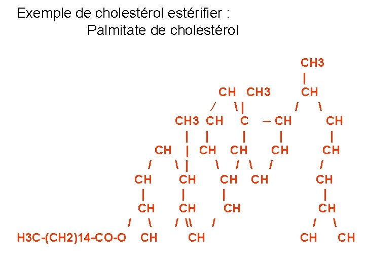 Exemple de cholestérol estérifier : Palmitate de cholestérol CH 3 | CH / 