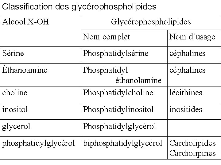 Classification des glycérophospholipides Alcool X-OH Glycérophospholipides Nom complet Nom d’usage Sérine Phosphatidylsérine céphalines Éthanoamine