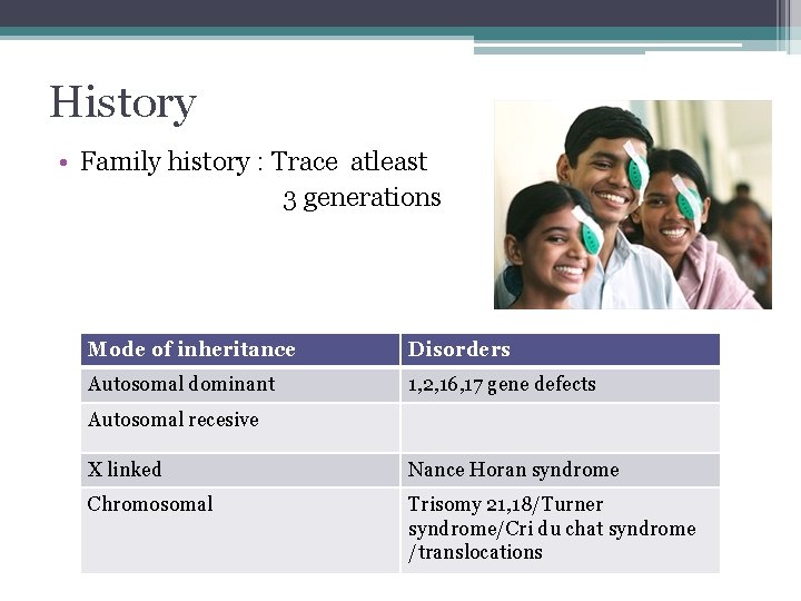 History • Family history : Trace atleast 3 generations Mode of inheritance Disorders Autosomal