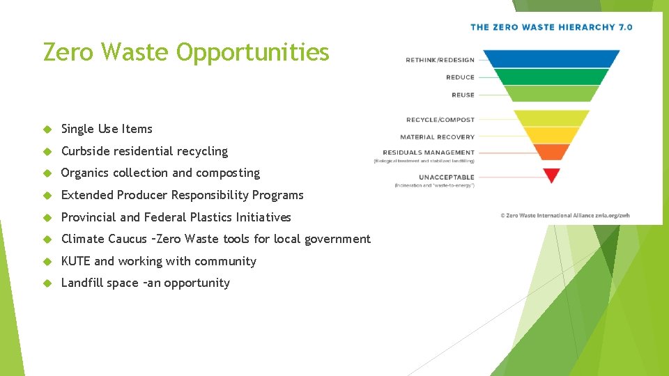 Zero Waste Opportunities Single Use Items Curbside residential recycling Organics collection and composting Extended