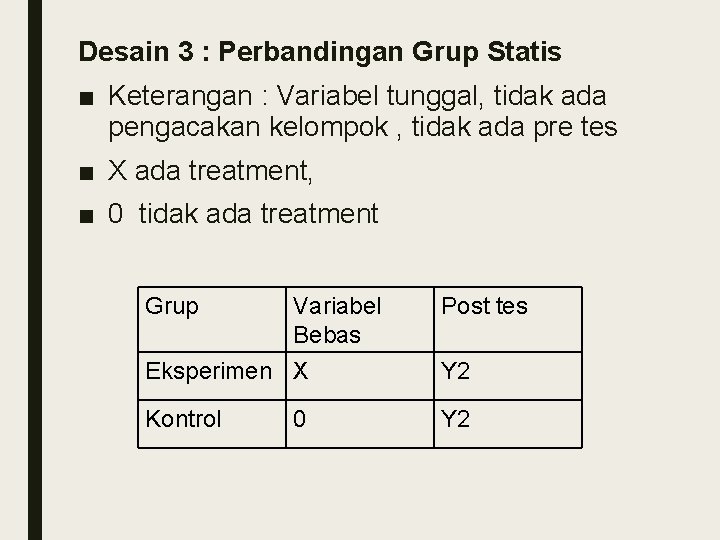 Desain 3 : Perbandingan Grup Statis ■ Keterangan : Variabel tunggal, tidak ada pengacakan