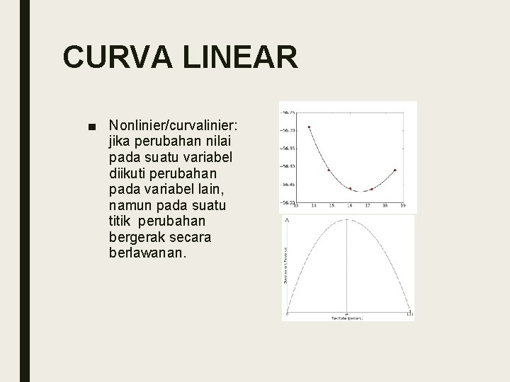 CURVA LINEAR ■ Nonlinier/curvalinier: jika perubahan nilai pada suatu variabel diikuti perubahan pada variabel