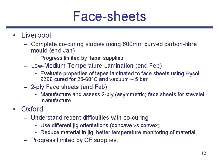 Face-sheets • Liverpool: – Complete co-curing studies using 600 mm curved carbon-fibre mould (end
