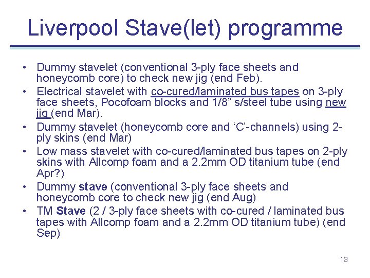 Liverpool Stave(let) programme • Dummy stavelet (conventional 3 -ply face sheets and honeycomb core)