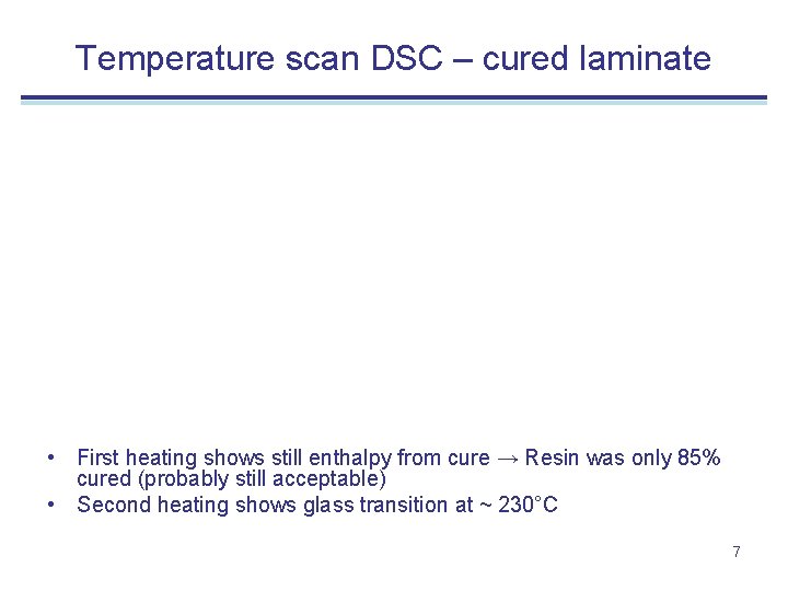 Temperature scan DSC – cured laminate • First heating shows still enthalpy from cure