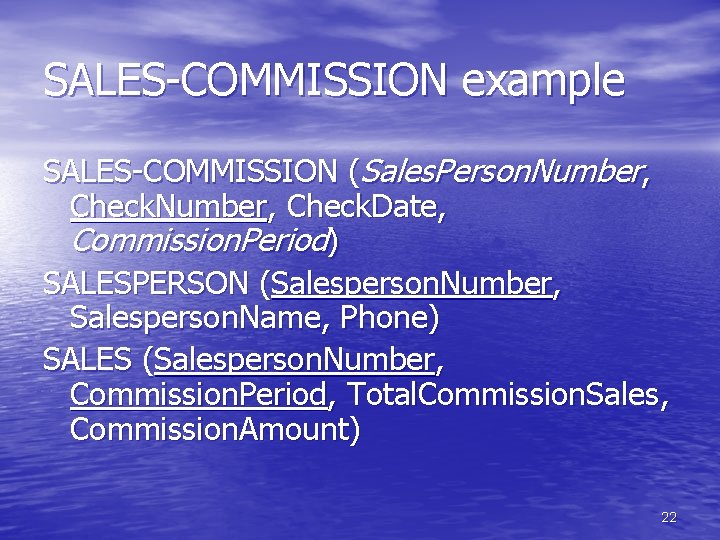 SALES-COMMISSION example SALES-COMMISSION (Sales. Person. Number, Check. Date, Commission. Period) SALESPERSON (Salesperson. Number, Salesperson. SALES-COMMISSION example SALES-COMMISSION (Sales. Person. Number, Check. Date, Commission. Period) SALESPERSON (Salesperson. Number, Salesperson.