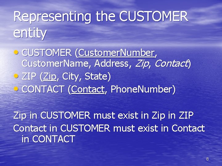Representing the CUSTOMER entity • CUSTOMER (Customer. Number, Customer. Name, Address, Zip, Contact) • Representing the CUSTOMER entity • CUSTOMER (Customer. Number, Customer. Name, Address, Zip, Contact) •