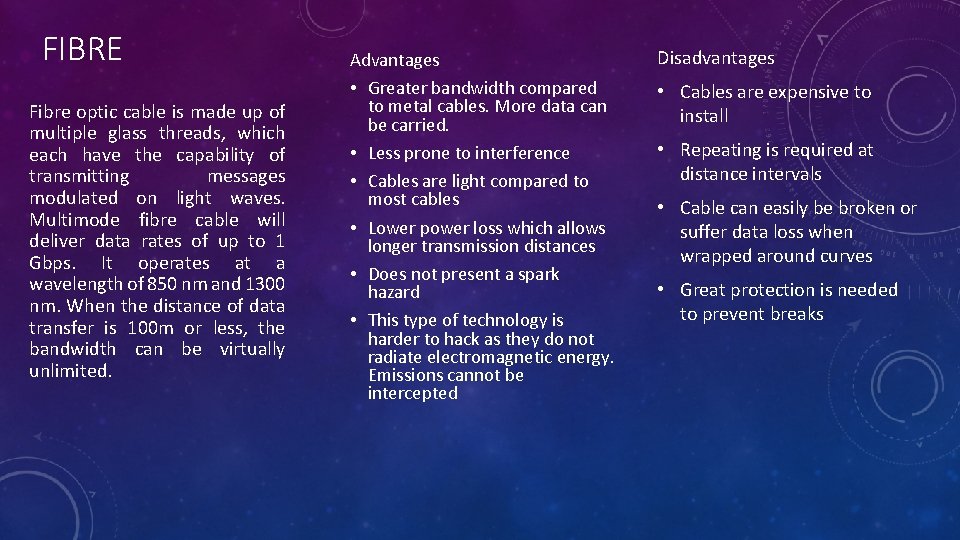 FIBRE Fibre optic cable is made up of multiple glass threads, which each have