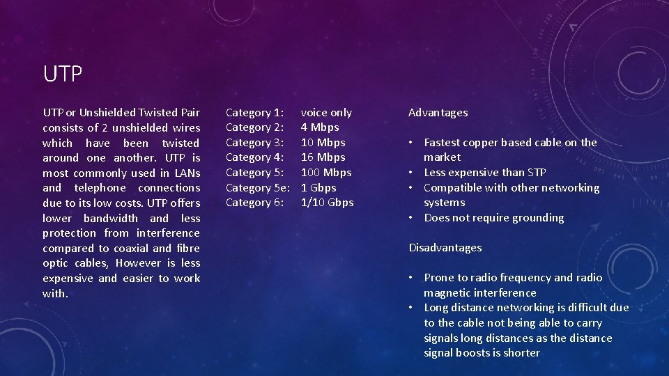 UTP or Unshielded Twisted Pair consists of 2 unshielded wires which have been twisted