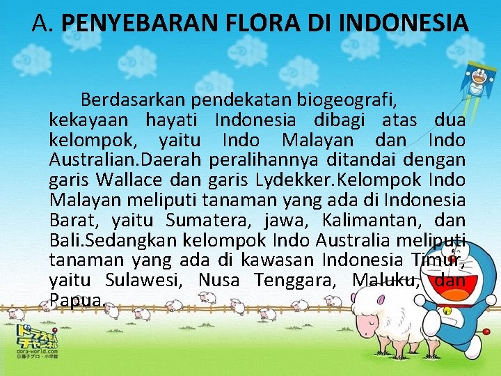 A. PENYEBARAN FLORA DI INDONESIA Berdasarkan pendekatan biogeografi, kekayaan hayati Indonesia dibagi atas dua