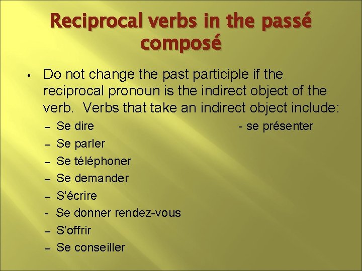 Reciprocal verbs in the passé composé • Do not change the past participle if