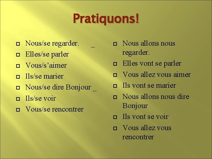 Pratiquons! Nous/se regarder. _ Elles/se parler Vous/s’aimer Ils/se marier Nous/se dire Bonjour _ Ils/se