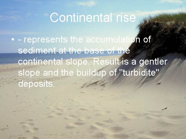 Continental rise • - represents the accumulation of sediment at the base of the