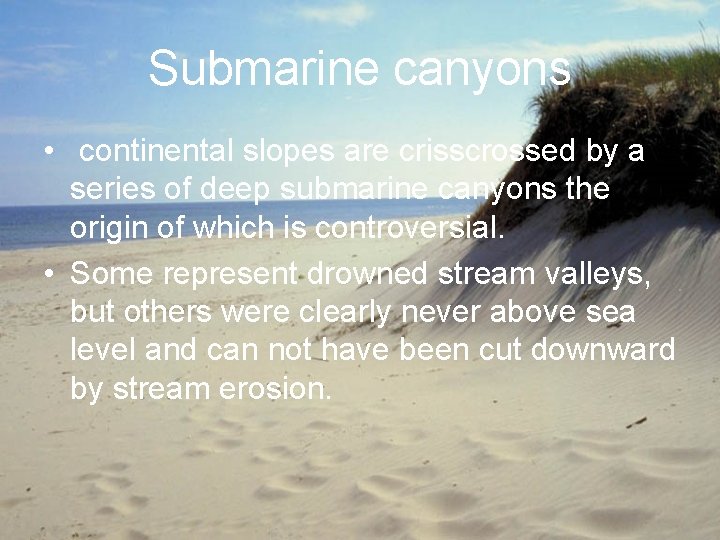 Submarine canyons • continental slopes are crisscrossed by a series of deep submarine canyons